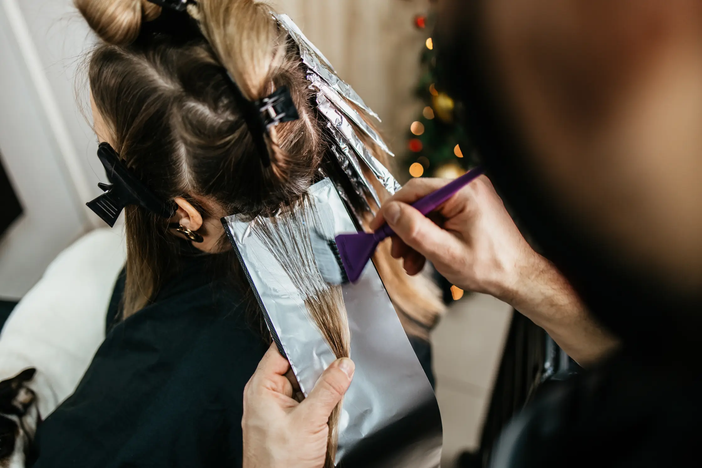 Hairdresser is dyeing female hair, making hair highlights to his client with a foil